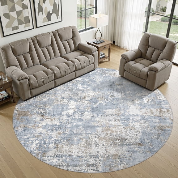 UERMEI 8ft Round Area Rug for Living Room, Washable Non-slip Soft Indoor Modern Abstract 8'x8' Round Rug for Bedroom Office Home Decor Carpet, Glacier Blue