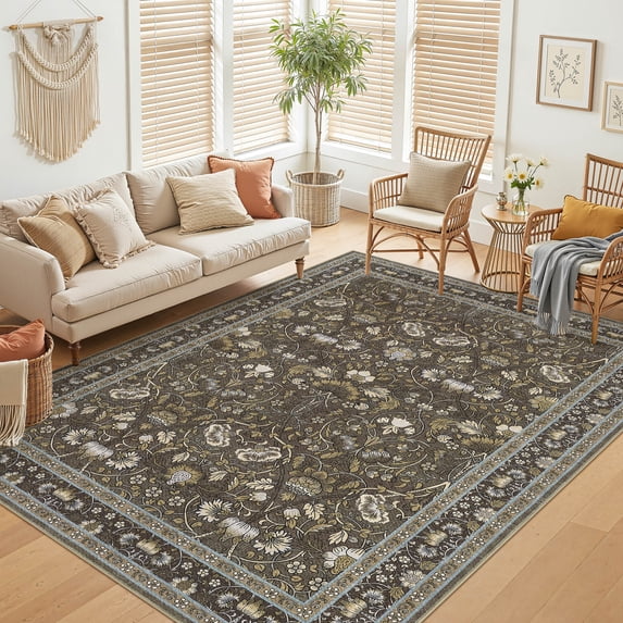 UERMEI 8x10 Large Area Rugs for Living Room, Indoor Washable Rug, Floral Area Rugs for Bedroom Home Office Decor Dining Room Carpets, Non Slip Low Pile, Dark Brown