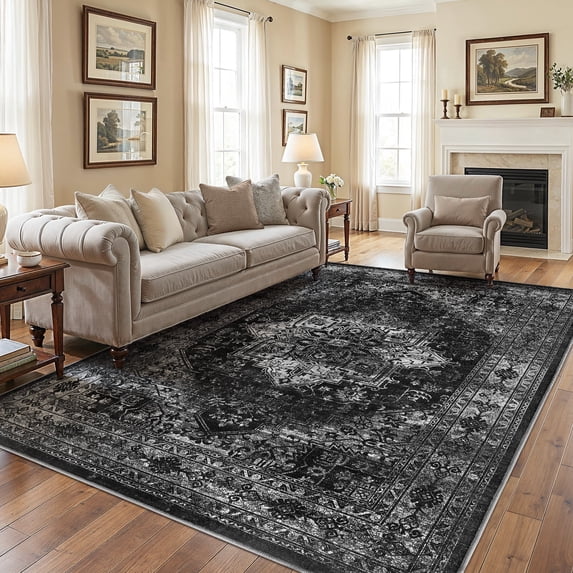 UERMEI 8x10 Washable Area Rugs for Living Room, Modern Vintage Printed Rug, Vacuum-Friendly, Non Slip Indoor Rug for Bedroom Dining Room Home Decor Carpet, Black