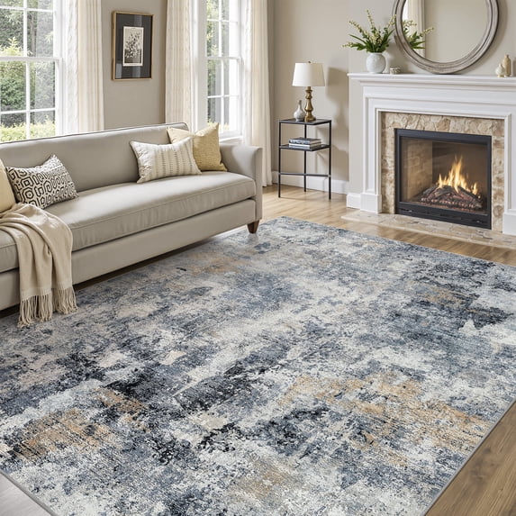 UERMEI 8x10 Washable Area Rugs for Living Room, Modern Abstract Printed Rug, Vacuum-Friendly, Non Slip Indoor Rug for Bedroom Dining Room Home Decor Carpet, Ice Blue