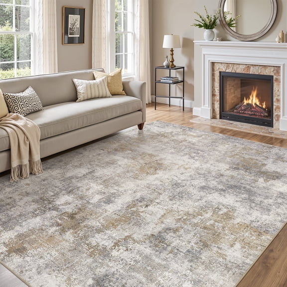 UERMEI 8x10 Washable Area Rugs for Living Room, Modern Abstract Printed Rug, Vacuum-Friendly, Non Slip Indoor Rug for Bedroom Dining Room Home Decor Carpet, Light Brown/Gold
