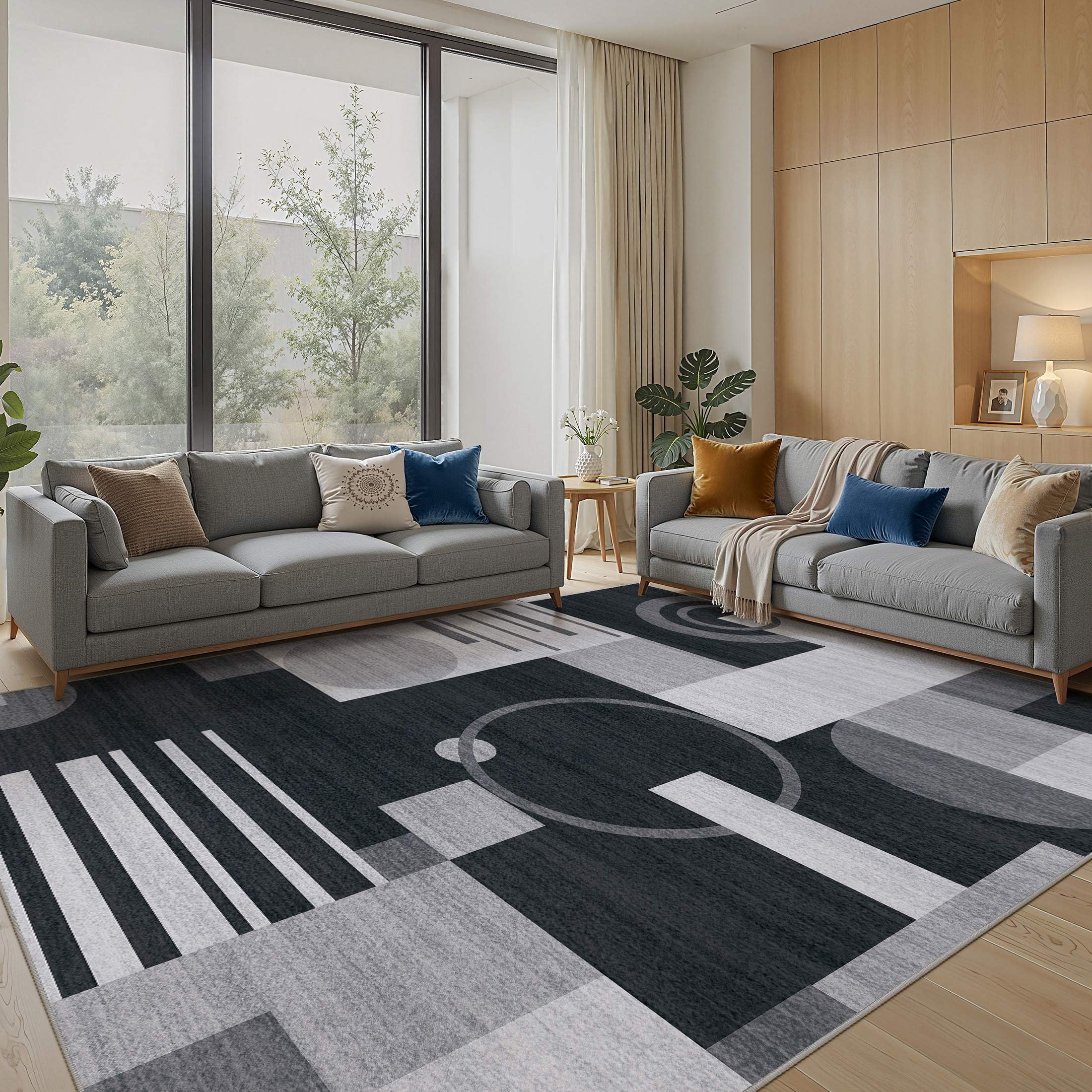 MICGEEK 8x10 Washable Area Rugs for Living Room, Modern Geometric Printed Rug, Vacuum-Friendly, Non Slip Indoor Rug for Bedroom Dining Room Home Decor Carpet, Black/Gray