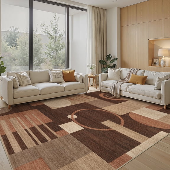 MICGEEK 8x10 Washable Area Rugs for Living Room, Modern Geometric Printed Rug, Vacuum-Friendly, Non Slip Indoor Rug for Bedroom Dining Room Home Decor Carpet, Brown/Beige