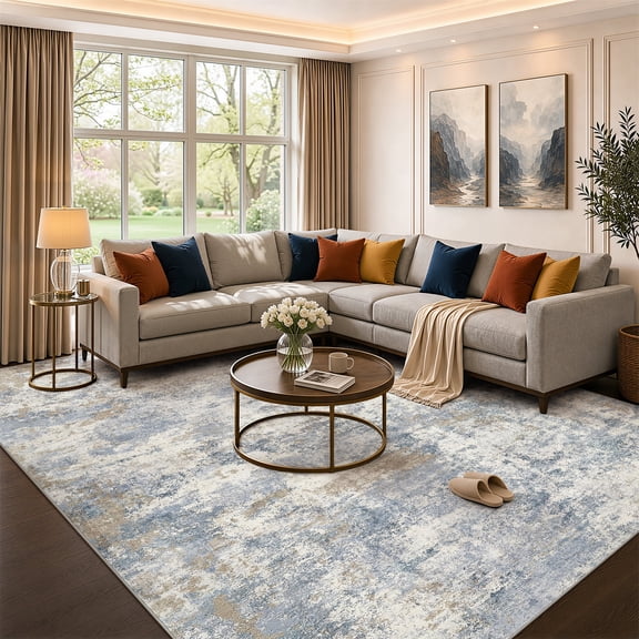 UERMEI 8x10 Washable Area Rugs for Living Room, Modern Abstract Printed Carpet, Non Slip Indoor Rug for Bedroom Home Decor Carpets,Blue