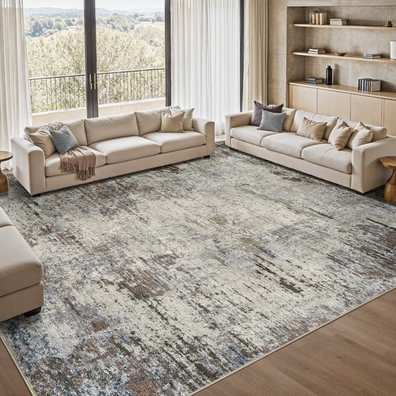 UERMEI 9'x12' Area Rugs for Living Room, Modern Abstract Washable Rug for Bedroom Dining Room Office, Non-Slip Soft Low Pile Home Decor Carpet Accent Rug, Taupe
