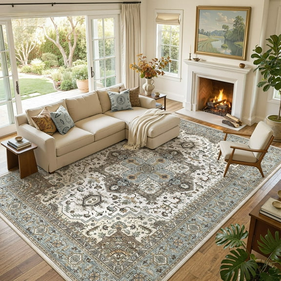 UERMEI 9'x12' Area Rugs for Living Room, Non-slip Washable Vintage Indoor Rug for Bedroom Dining Room Office, Soft Low Pile Floral Rug Home Decor Carpet, Blue Brown