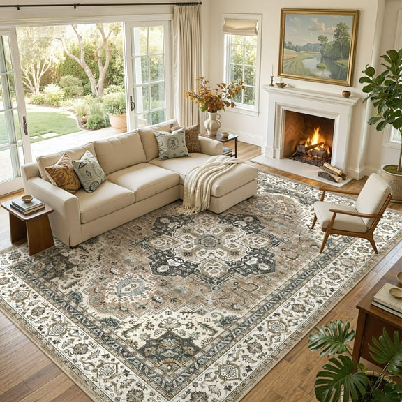 UERMEI 9'x12' Area Rugs for Living Room, Non-slip Washable Vintage Indoor Rug for Bedroom Dining Room Office, Soft Low Pile Floral Rug Home Decor Carpet, Brown Green