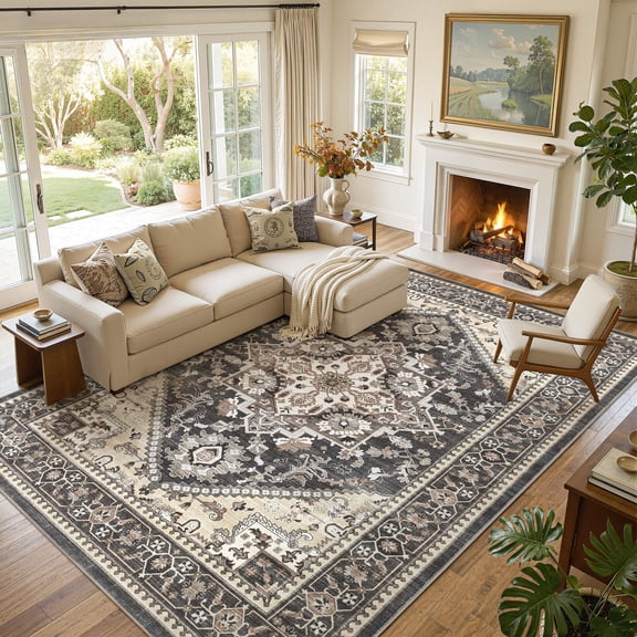 UERMEI 9'x12' Area Rugs for Living Room, Washable Vintage Large Area Rugs for Bedroom Dining Room Office, Retro Soft Low Pile Floral Rug Home Decor Carpet, Black&Beige