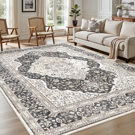 UERMEI 9'x12' Washable Area Rugs for Living Room, Vintage Floral Boho Printed Carpet, Non Slip Indoor Rug for Bedroom Home Decor Carpets - Black