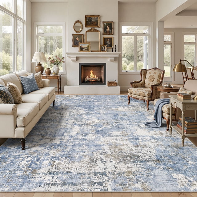 UERMEI 9'x12' Large Area Rugs for Living Room, Washable Non-slip Soft Indoor Modern Abstract Rug for Bedroom Dining Room Office Home Decor Carpet, Glacier Blue