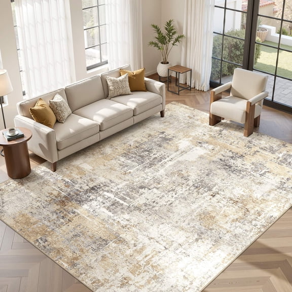 UERMEI 9'x12' Large Area Rugs for Living Room, Washable Non Slip Indoor Rug for Bedroom Home Decor Carpets, Modern Abstract Printed Carpet, Grey Gold