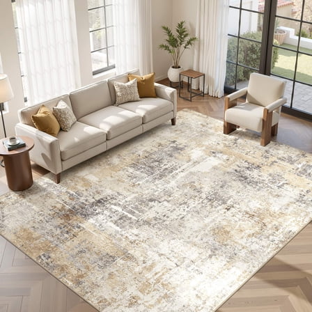UERMEI 9'x12' Large Area Rugs for Living Room, Washable Non Slip Indoor Rug for Bedroom Home Decor Carpets, Modern Abstract Printed Carpet, Grey Gold
