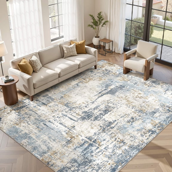 UERMEI 9'x12' Large Area Rugs for Living Room, Washable Non Slip Indoor Rug for Bedroom Home Decor Carpets, Modern Abstract Printed Carpet, Blue