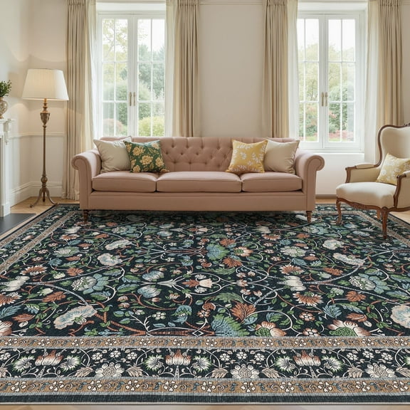 UERMEI 9x12 Large Area Rugs for Living Room, Indoor Washable Rug, Floral Area Rugs for Bedroom Home Office Decor Dining Room Carpets, Non Slip Low Pile - Black/Green/Brown
