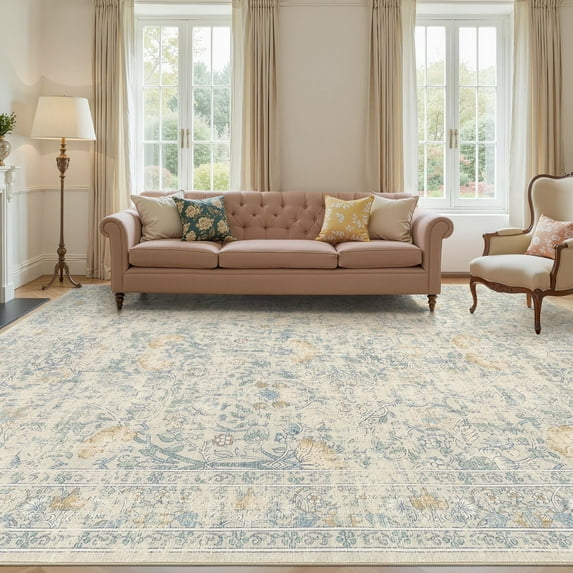 UERMEI 9x12 Large Area Rugs for Living Room, Indoor Washable Rug, Floral Area Rugs for Bedroom Home Office Decor Dining Room Carpets, Non Slip Low Pile - Blue/Beige/Yellow(Distressed)