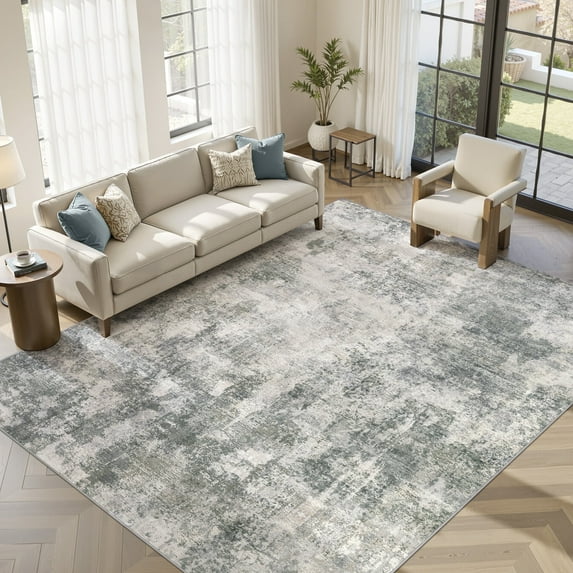 UERMEI 9x12 Washable Area Rugs for Living Room, Modern Abstract Printed Rug, Vacuum-Friendly, Non Slip Indoor Rug for Bedroom Dining Room Home Decor Carpet, Green/Gray