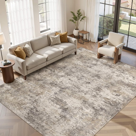 UERMEI 9'x12' Washable Area Rugs for Living Room, Modern Abstract Printed Carpet, Non Slip Indoor Rug for Bedroom Home Decor Carpets, Gold Brown