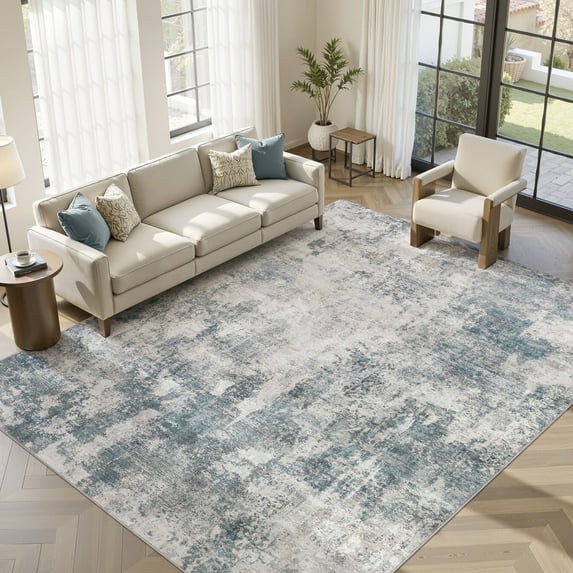 UERMEI 9x12 Washable Area Rugs for Living Room, Modern Abstract Printed Rug, Vacuum-Friendly, Non Slip Indoor Rug for Bedroom Dining Room Home Decor Carpet, Dark Blue/Gray