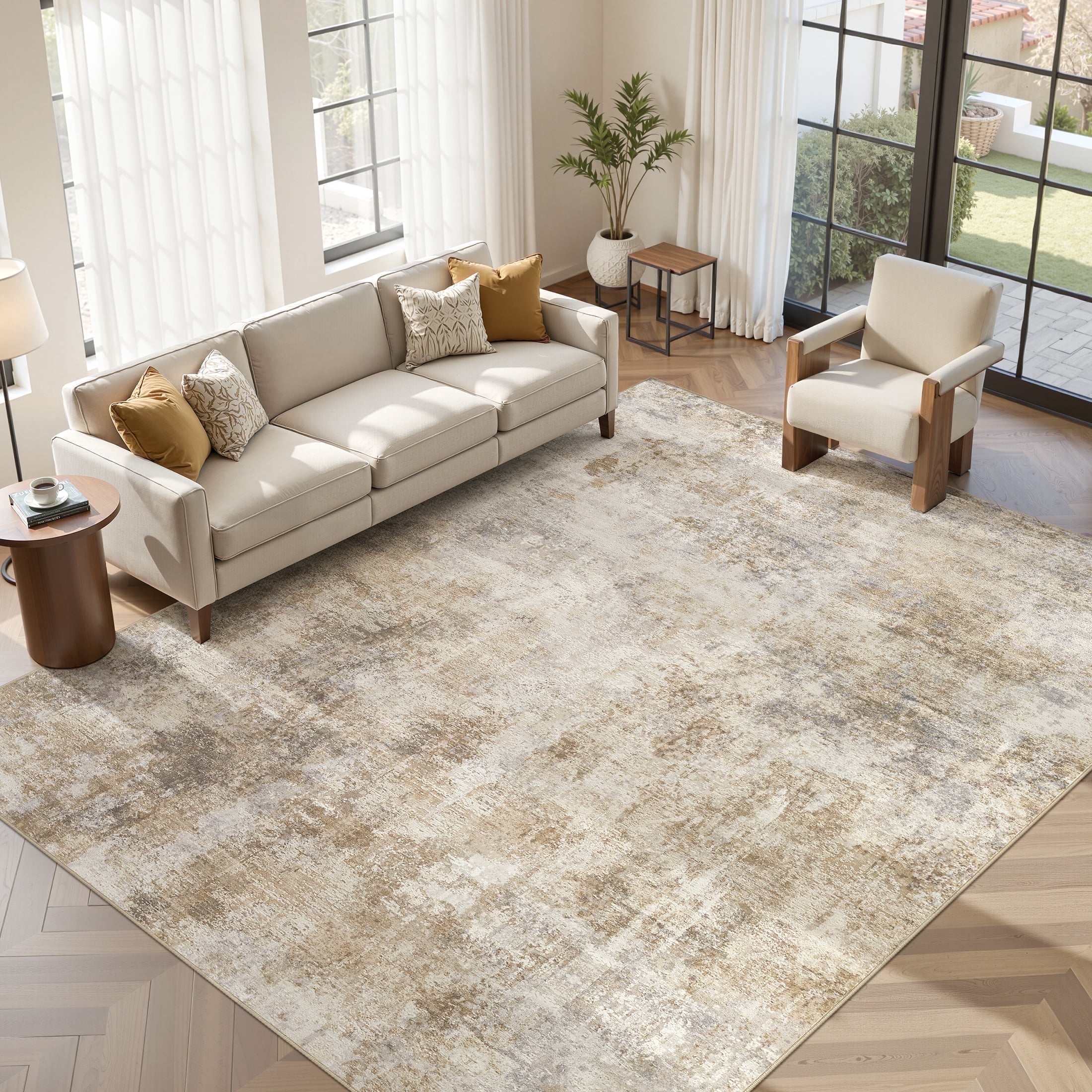UERMEI 9x12 Washable Area Rugs for Living Room, Modern Abstract Printed Rug, Vacuum-Friendly, Non Slip Indoor Rug for Bedroom Dining Room Home Decor Carpet, Gold/Brown