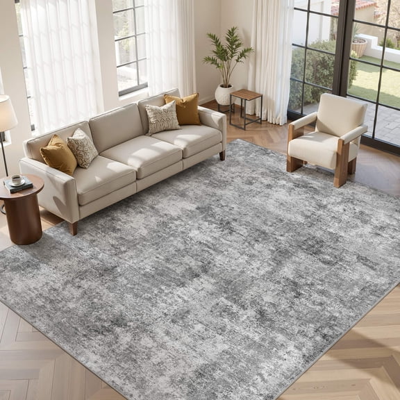 UERMEI 9'x12' Washable Area Rugs for Living Room, Modern Abstract Printed Carpet, Non Slip Indoor Rug for Bedroom Home Decor Carpets, Gray