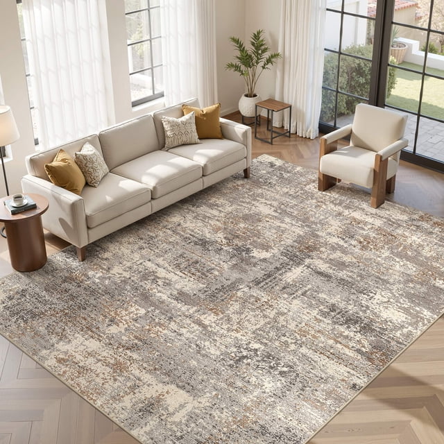 UERMEI 9'x12' Washable Area Rugs for Living Room, Modern Abstract Printed Carpet, Non Slip Indoor Rug for Bedroom Home Decor Carpets, Speckles Brown