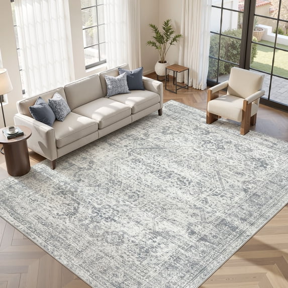 UERMEI 9'x12' Washable Area Rugs for Living Room, Modern Abstract Printed Carpet, Non Slip Indoor Rug for Bedroom Home Decor Carpets, Vintage Gray