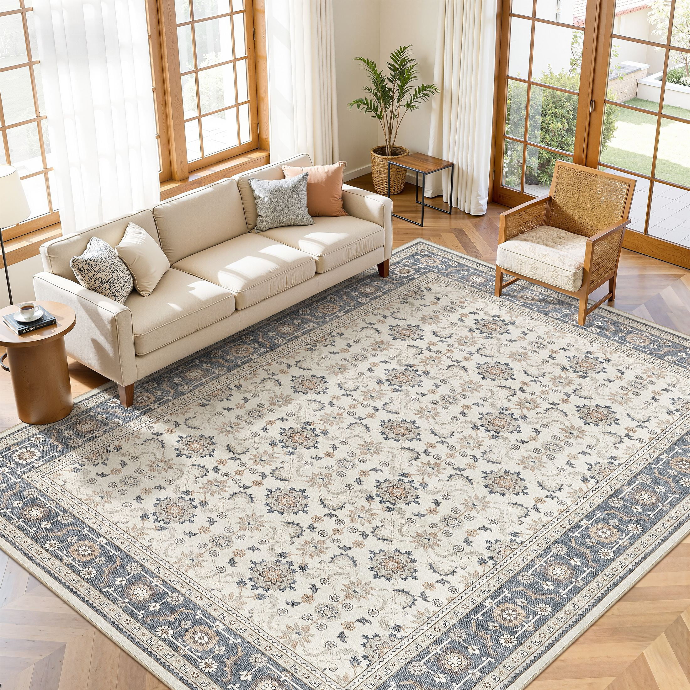 UERMEI 9'x12' Washable Large Area Rugs for Living Room,Vacuum Friendly, Non-Silp Low-Pile Rug for Bedroom, Boho Home Decor Carpets, Beige Blue