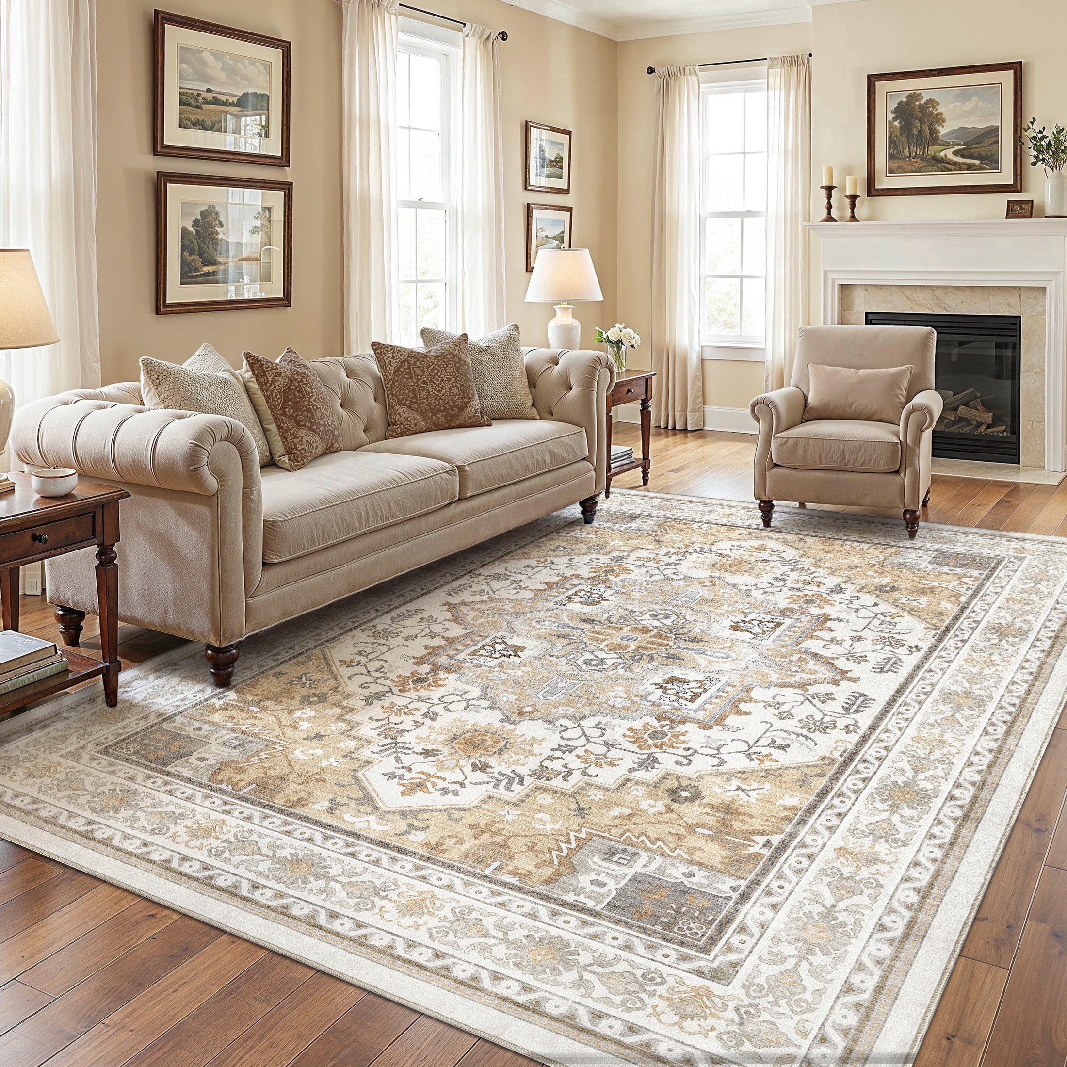 UERMEI 9x12 Washable Area Rugs for Living Room, Modern Vintage Printed Rug, Vacuum-Friendly, Non Slip Indoor Rug for Bedroom Dining Room Home Decor Carpet, Beige/Brown
