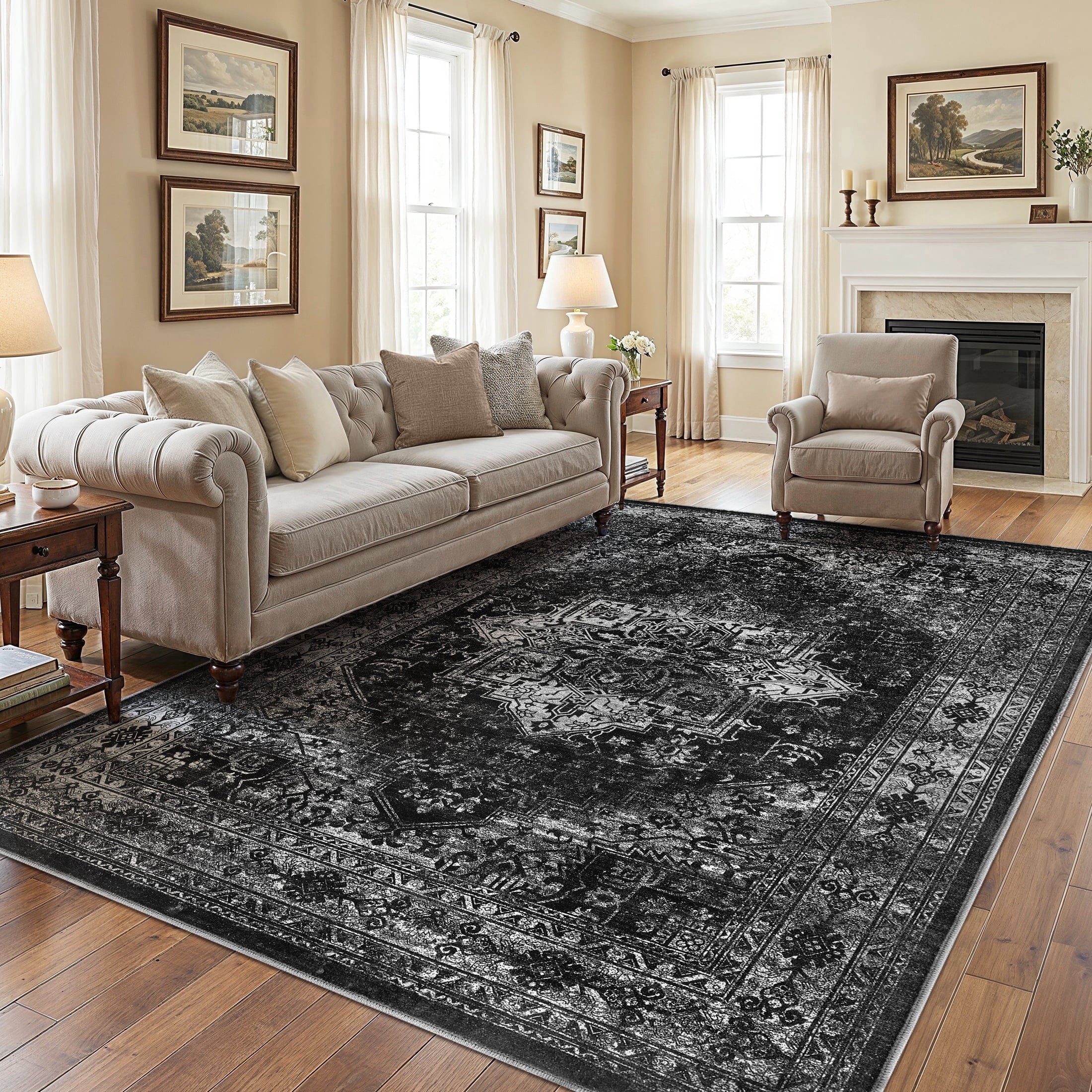 UERMEI 9x12 Washable Area Rugs for Living Room, Modern Vintage Printed Rug, Vacuum-Friendly, Non Slip Indoor Rug for Bedroom Dining Room Home Decor Carpet, Black
