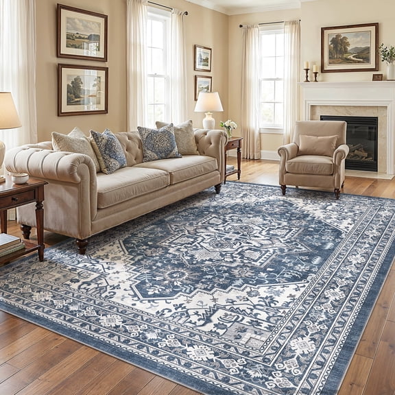 UERMEI 9x12 Washable Area Rugs for Living Room, Modern Vintage Printed Rug, Vacuum-Friendly, Non Slip Indoor Rug for Bedroom Dining Room Home Decor Carpet, Blue