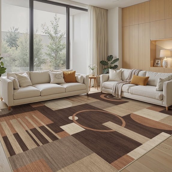 MICGEEK 9x12 Washable Area Rugs for Living Room, Modern Geometric Printed Rug, Vacuum-Friendly, Non Slip Indoor Rug for Bedroom Dining Room Home Decor Carpet, Brown/Beige