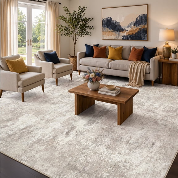 UERMEI 9x12 Washable Area Rugs for Living Room, Modern Abstract Printed Carpet, Non Slip Indoor Rug for Bedroom Home Decor Carpets,Beige