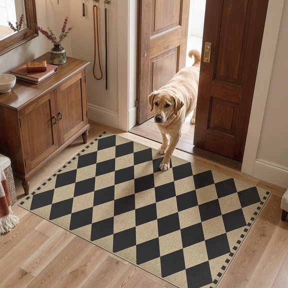 UERMEI Checkered Easy Jute 3'x5' Area Rug, Washable Rugs for Entryway Indoor Outdoor Living Room Carpet, Farmhouse Neutral Non Slip Black Door Carpet for Backyard Bedroom