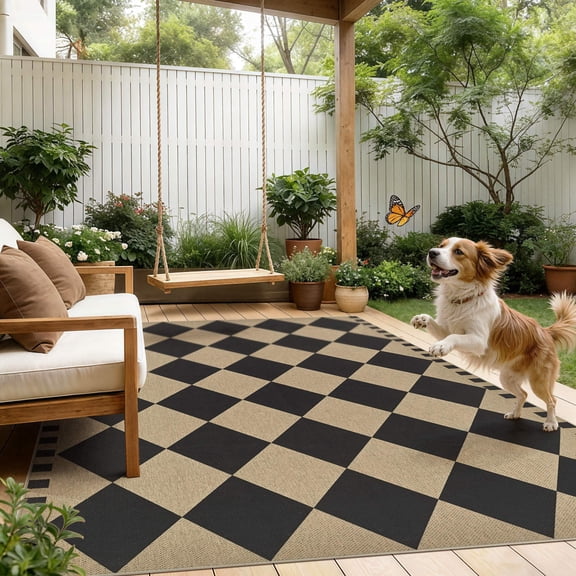 UERMEI Checkered Easy Jute 5x7 Area Rugs, Washable Rug for Living Room Diamond Indoor Outdoor Carpet, Farmhouse Geometric Non Slip Black Carpet for Backyard Dining Room