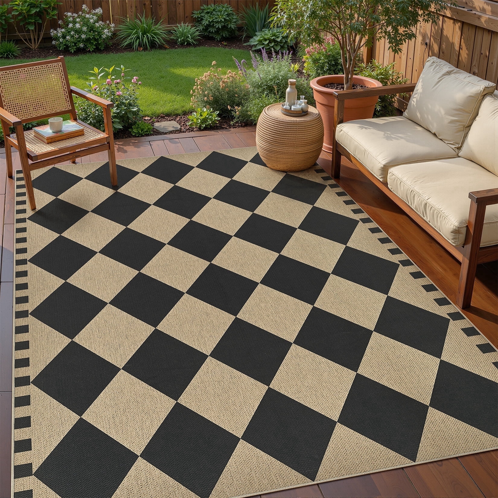 UERMEI Checkered Easy Jute 5x7 Area Rugs, Washable Rug for Living Room Diamond Indoor Outdoor Carpet, Farmhouse Geometric Non Slip Black Carpet for Backyard Dining Room