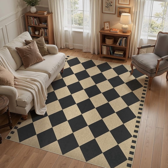 UERMEI Checkered Easy Jute 5x7 Area Rugs, Washable Rug for Living Room Diamond Indoor Outdoor Carpet, Farmhouse Geometric Non Slip Black Carpet for Backyard Dining Room