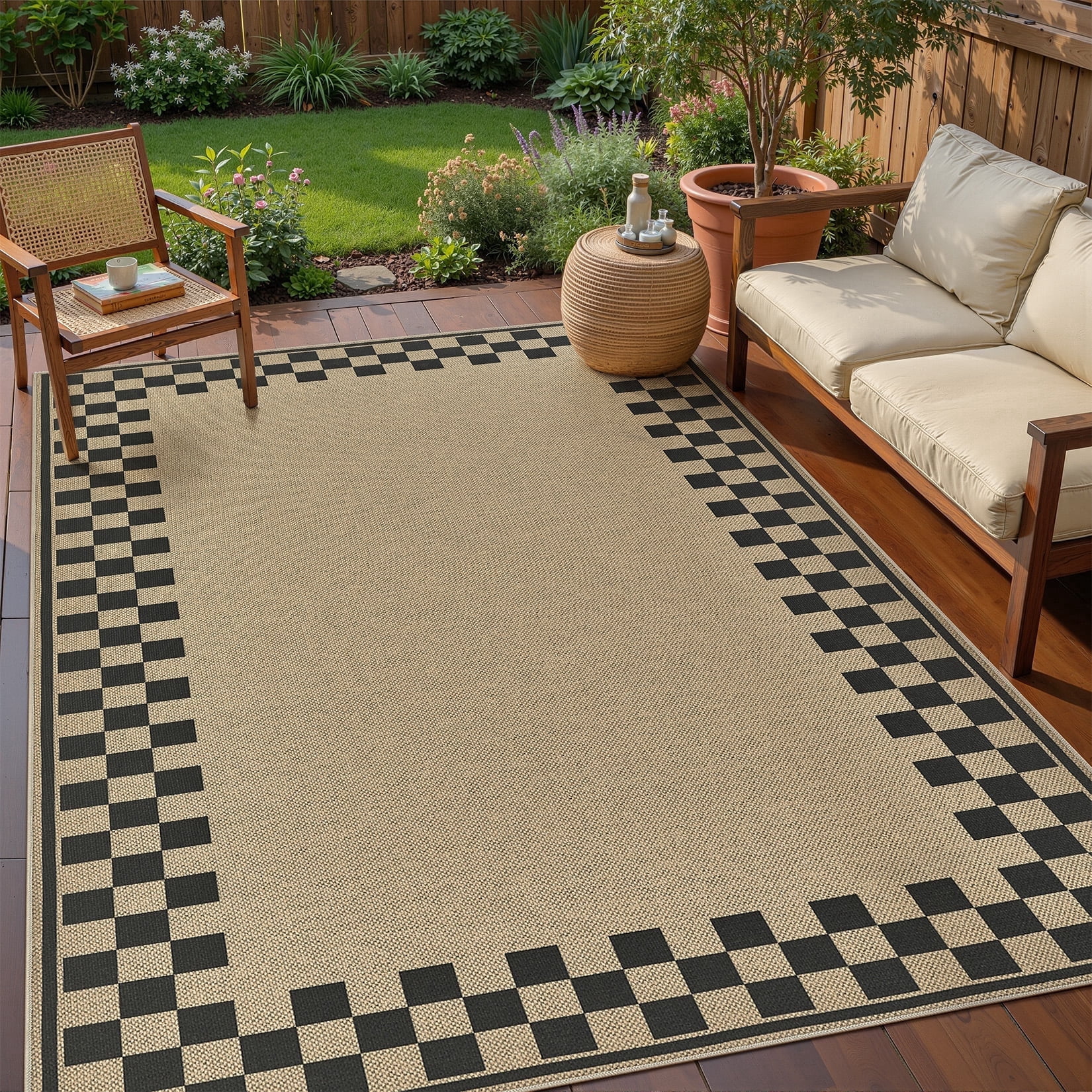 UERMEI 5x7 Area Rug for Living Room: Washable Non Slip Jute Look Carpet Low Pile Farmhouse Rug for Bedroom Under Coffee Table Dining Room - Geometric Brown