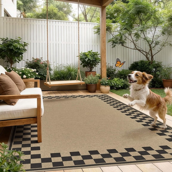 UERMEI 5x7 Area Rug for Living Room: Washable Non Slip Jute Look Carpet Low Pile Farmhouse Rug for Bedroom Under Coffee Table Dining Room - Geometric Brown