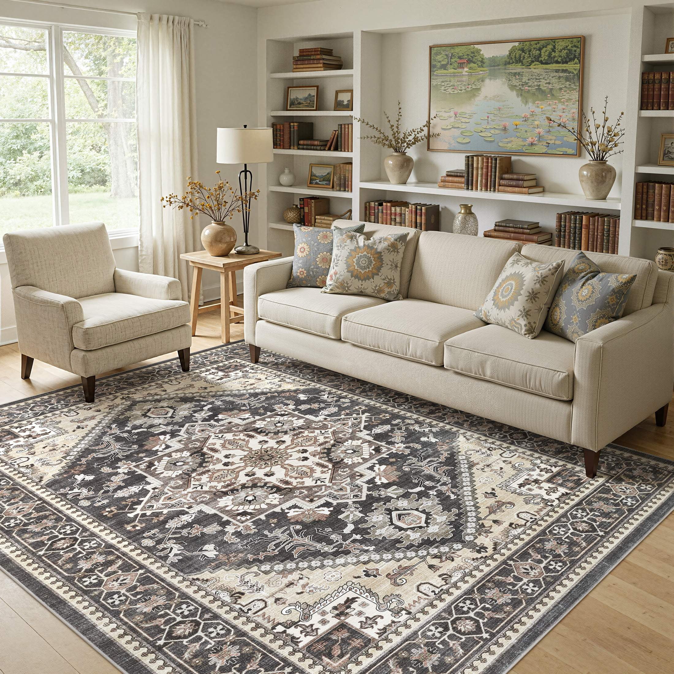 UERMEI Vintage 5'x7' Area Rugs for Living Room, Non-slip Washable Indoor Retro Rug for Bedroom Dining Room Office, Soft Low Pile Floral Rug Home Decor Carpet, Black&Beige