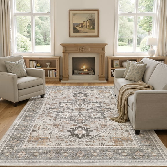 UERMEI Vintage 6'x9' Area Rugs for Living Room, Non-slip Washable Indoor Retro Rug for Bedroom Dining Room Office, Soft Low Pile Floral Rug Home Decor Carpet, Gray&Terracotta