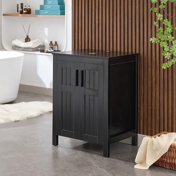 UEV 24" Black Bathroom Vanity with Sink Combo,Modern Vanity with Vessel Sink,Stylish Bathroom Vanity Cabinet,Grooved Doors & Metal Handles,Modern Bronze Round Bowl Tempered Glass Vessel Sink
