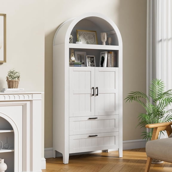 UEV 71.3" Tall Arched Cabinet, 6-Tier Arched Bookcase with Doors and Drawers,Bookshelf with Storage, Kitchen Pantry Modern Wooden Farmhouse Storage Cabinet for Living Room,White