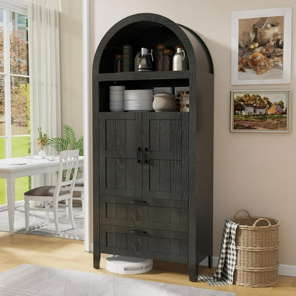 UEV 71" Tall Arched Kitchen Pantry Cabinet, Arched Storage Cabinet with Doors and Drawers, 6-Tier Modern Pantry Versatile Cupboard for Kitchen, Dining Room(Black)