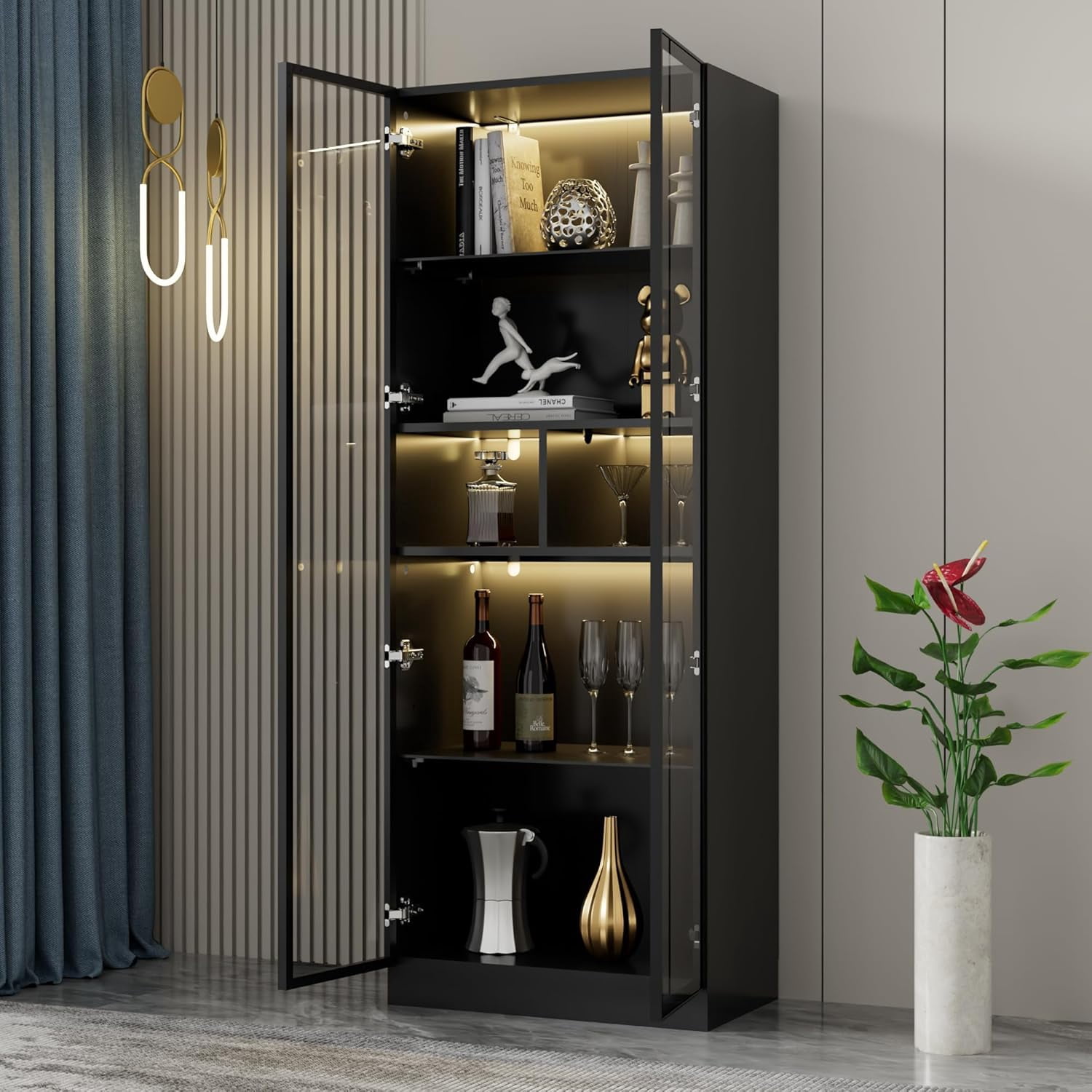 UEV Display Cabinet with Glass Doors, Curio Cabinet and Bookcase with ...