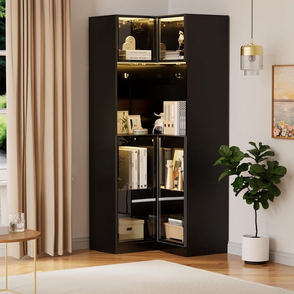 UEV Glass Display Cabinet, 4-Tier Black Corner Display Case with Glass Doors and Lights, L-Shaped Corner Storage Cabinet for Living Room, Office, Bedroom