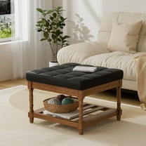 UEV Leather Ottoman Coffee Table with Storage,Square Upholstered Storage Ottoman Foot Rest,Coffee Table with Wood Shelf and Roman Column Legs for Living Room(Black)