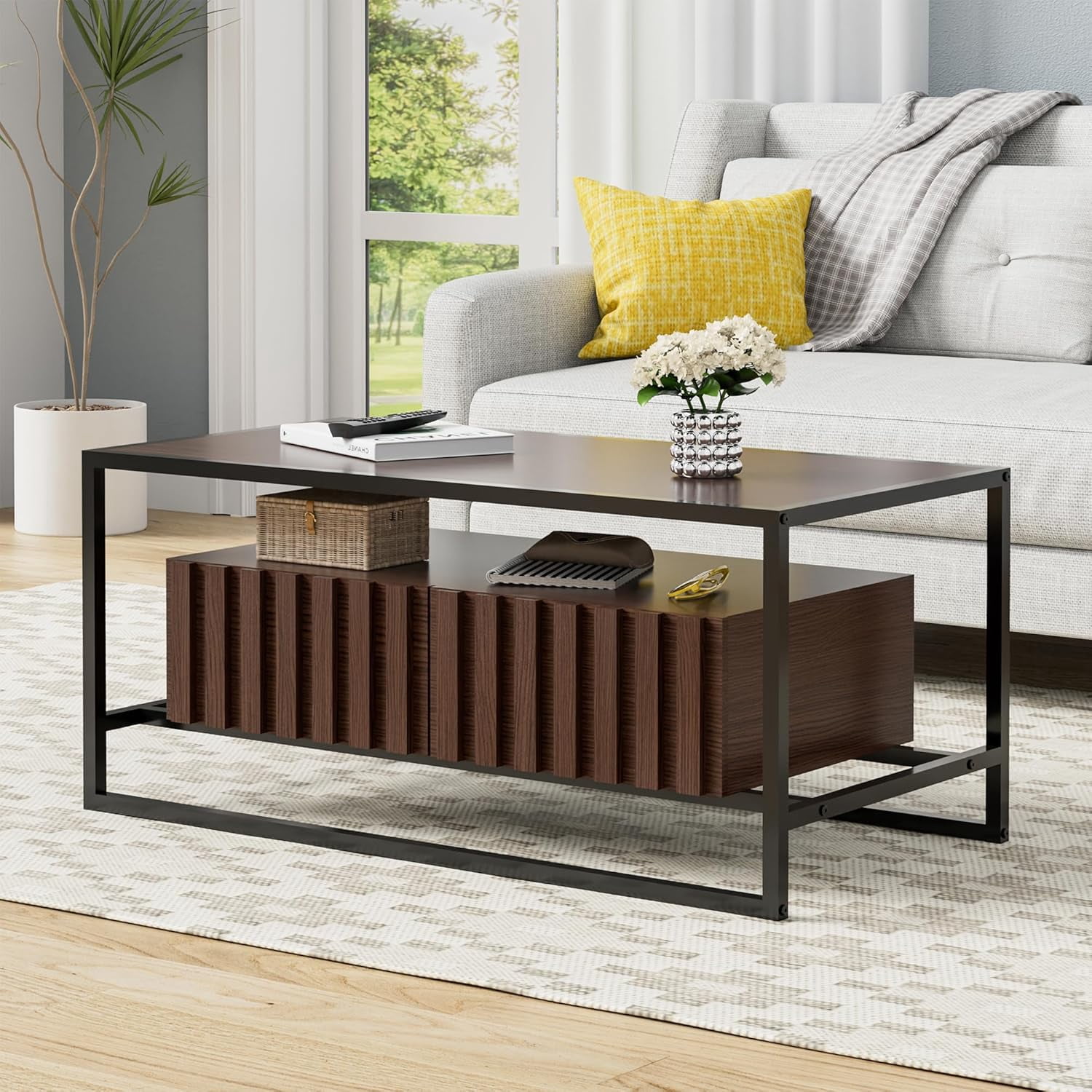 UEV Mid Century Modern Coffee Table with Storage, Wood Coffee Table for ...