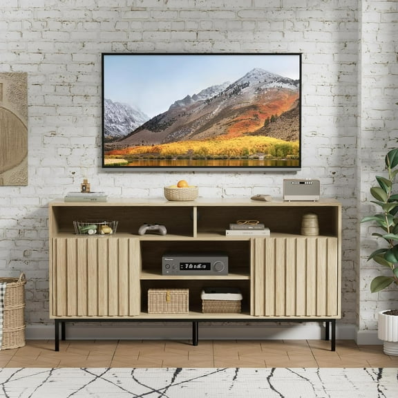 UEV Mid Century Modern TV Stand Cabinet for Living Room(up to 50/55/60/65 Inch),Natural Wood TV Stand Bedroom,TV Media Console Cabinet with Shelves & Storage,Fluted TV Stand Entertainment Center