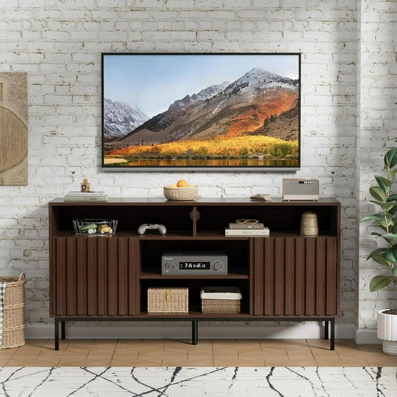UEV Mid Century Modern TV Stand Cabinet for Living Room(up to 50/55/60/65 Inch),Wood & Walnut TV Stand Bedroom,TV Media Console Cabinet with Shelves & Storage,Fluted TV Stand Entertainment Center
