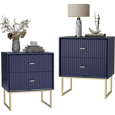 UEV Navy Blue Nightstand Set of 2,Modern Grooved Stripes Bed Side Table with 2 Drawers,Wood End Table with Golden Metal Handles and Pedestal Frame for Bedroom Living Room